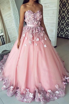Fashion Pink Flower Sweetheart Lace Appliques Prom Dresses | Ribbons Ball Gown Sleeveless Evening Dresses with Beads_1