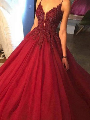 Glamorous Spaghetti Strap Beads Prom Dresses Red Lace Ball Gown Sexy Evening Dresses_4