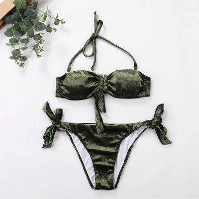 Sweetheart Strapless Bandage Velvet Two-piece Bikini Swimwears_5