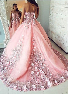 Fashion Pink Flower Sweetheart Lace Appliques Prom Dresses | Ribbons Ball Gown Sleeveless Evening Dresses with Beads_2