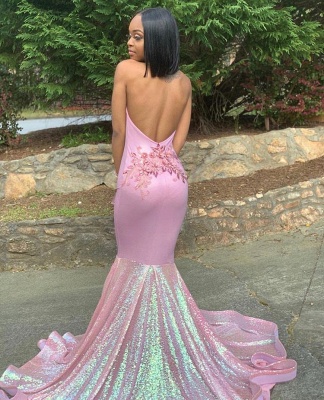 Halter Lace Appliques Sequins Prom Dresses | Ruffles Open Back Sexy Mermaid Sleeveless Evening Dresses_3