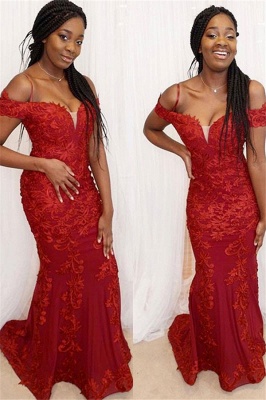 Red Off-the-Shoulder Applique Prom Dresses Mermaid Sleeveless Sexy Evening Dresses_1