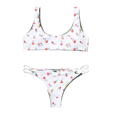 Girly Straps Flower Prints White Two-piece Bikini Swimsuits_5