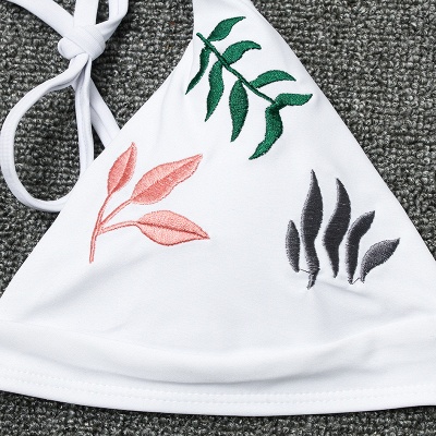 White Triangle Pads Embroidered Leaves Bikini Sets_3