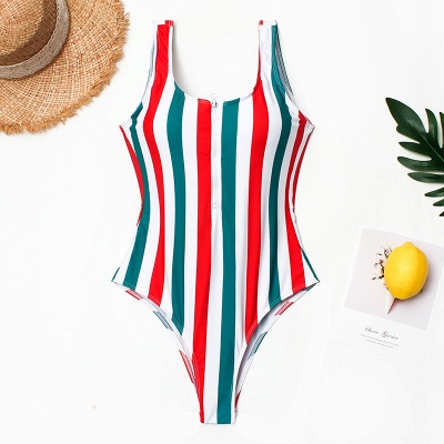One-piece Zipper Stripes Straps Swimwear Suits_3