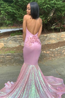 Halter Lace Appliques Sequins Prom Dresses | Ruffles Open Back Sexy Mermaid Sleeveless Evening Dresses_4