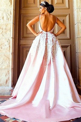 Open Back Appliques Prom Dresses Pink Spaghetti Strap Sexy Evening Dresses_2