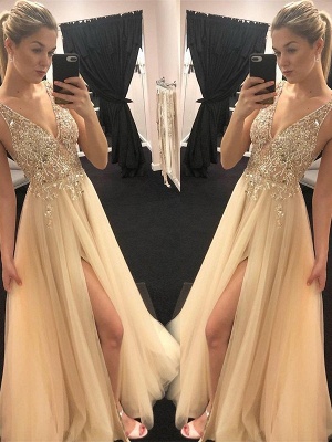 Glamorous Spaghetti Strap Sequins Crystal Prom Dresses | Tulle Side Slit Sleeveless Evening Dresses_2