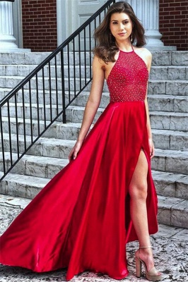 Glamorous Red Halter Sleeveless Prom Dresses Side Slit Sexy Evening Dresses with Beads_1
