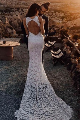 Sexy Appliques Halter Backless Mermaid Wedding Dresses | Ribbons Side slit Sleeveless Floral Bridal Gowns_2