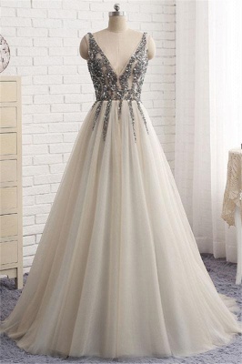 Glamorous V-Neck Crystal Lace Appliques Prom Dresses | Side slit Backless Sleeveless Evening Dresses_1