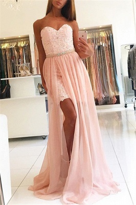 Pink Sweetheart Applique Crystal Prom Dresses Side Slit Lace Sexy Evening Dresses Over Skirt with Belt_1