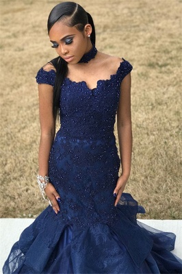 Navy Blue Off-The-Shoulder Beaded Appliques Quality Tulle Trumpet Prom Dresses | Suzhou UK Online Shop_3