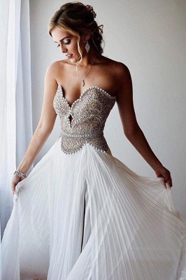 Glamorous Beads Sweetheart Pearls Lace Appliques Prom Dresses | Side slit Sleeveless Evening Dresses_1