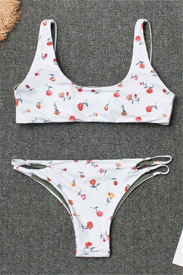 Girly Straps Flower Prints White Two-piece Bikini Swimsuits_1