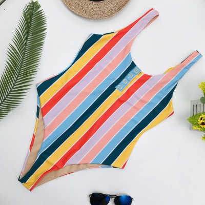 One-piece Buttons Straps Colorful Stripes Swimwears_5