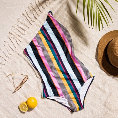 One-shoulder Colorful Sripes One-piece Swimwears_7