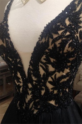 Black Lace V-Neck Sleeveless Prom Dresses | Open Back Evening Dresses with Beads_6