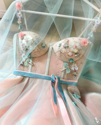 Glamorous Flower Bowknot Spaghetti-Strap  Prom Dresses | Ribbons Sheer Sleeveless Evening Dresses with Beads_3