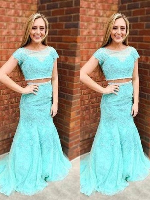 Glamorous Jewel Lace Appliques Two Piece Prom Dresses | Sexy Mermaid Sleeveless Evening Dresses_2