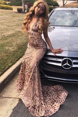 V-Neck Sequins Sleeveless Prom Dresses | Sexy Mermaid Falbala  Evening Dresses_3