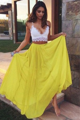 Charming Yellow Lace V-Neck Prom Dresses Two Pieces Spaghetti Strap Sexy Evening Dresses_1