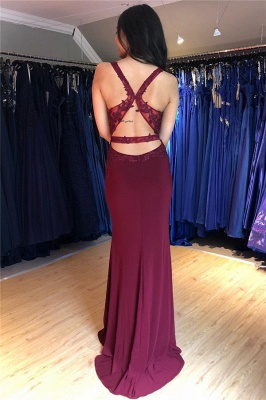 Burgundy Lace Appliques Sleeveless Open Back Prom Dresses | Sexy Mermaid Side Slit Evening Dresses with Beads Dresses_2