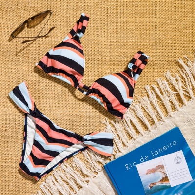 Stripes Criss-cross Triangle Bras Two-piece Bikini Swimwears_7