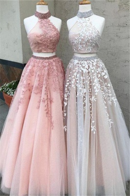 Glamorous Halter Two Piece Lace Appliques Prom Dresses | Lace Up Crystal Evening Dresses with Beads_3