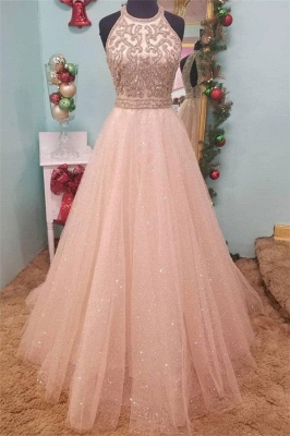 Glamorous Sequins Halter Lace Appliques Prom Dresses | Sheer Sleeveless Evening Dresses_1