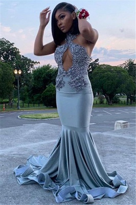 Halter Lace Appliques Ruffles Prom Dresses | Sexy Mermaid Crystal Sleeveless Evening Dresses_1
