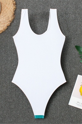 V-neck White One-piece Prints Leaves Swimwears_5