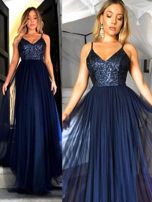 Crystal Spaghetti Strap Open Back Prom Dresses Tulle Sexy Evening Dresses with Beads_2