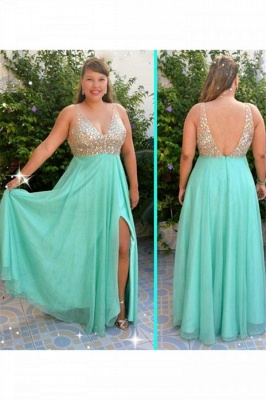 Glamorous Sequins Green V-Neck Prom Dresses Plus Size Open Back Side-Slit Sexy Evening Dresses_2