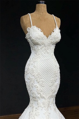 Vintage Spaghetti-Straps Applique Mermaid Wedding Dresses V-Neck Lace Sleeveless Bridal Gowns On Sale_2