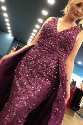 Sleeveless Full Beads Sequins Sexy Evening Dress | Luxury Overskirt Sheer Tulle Back Prom Dress_3