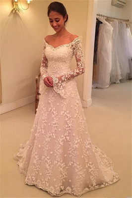 Off The Shoulder Lace Wedding Dresses with Sleeves | Bell Sleeve Elegant  Bride Dress_2