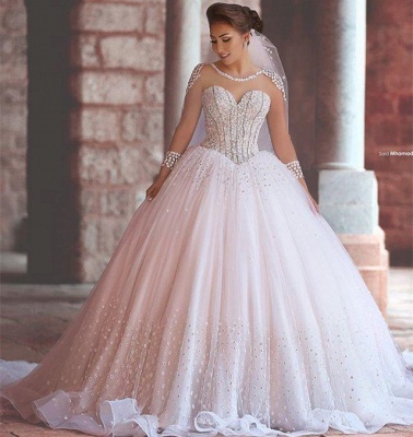 Luxurious Long Sleeve Sheer Tulle Wedding Dresses  Beadings Ball Gown Bridal Dresses_3