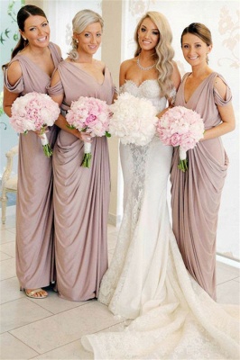 Simple V-Neck Sheath Bridesmaid Dresses |  Floor Length Ruffles Evening Dress_2