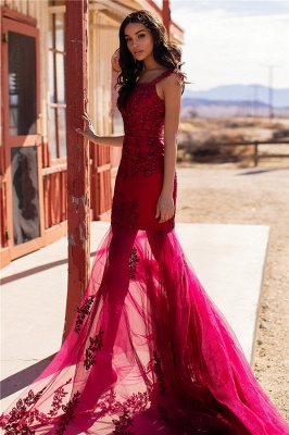 Simple Tulle Lace Mermaid Burgundy Prom Dress Straps Appliques Evening Dresses On Sale_3