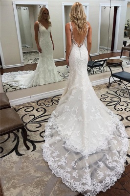 Elegant Straps V-Neck Backless Lace Mermaid Wedding Dresses | Bridal Gowns Online_1