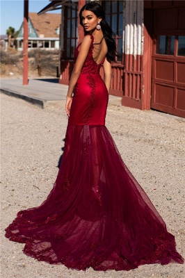 Simple Tulle Lace Mermaid Burgundy Prom Dress Straps Appliques Evening Dresses On Sale_2