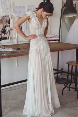 Chiffon Crystal Glamorous Lace Cap-Sleeve Lace Long Wedding Dress_2