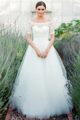 New Arrival Bateau Short Sleeve Lace Wedding Dresses A-Line Tulle Plus Size Bridal Gown_1