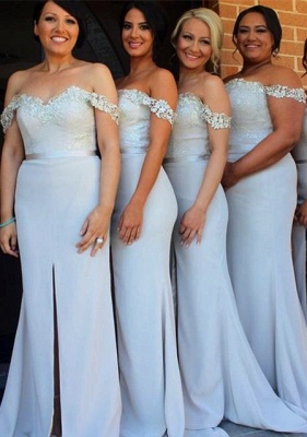 Lace Appliques Off-the-shoulder  Bridesmaid Dresses  Wedding Party Dress with Front Slit BA3346_2