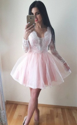 Long-Sleeves Tulle Lace V-Neck Homecoming Dress_2