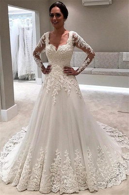 Elegant Long Sleeve Lace Wedding Dresses  | Illusion Sexy Bride Dresses with Long Train_2