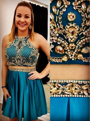 Two-Pieces Jewel Beading Appliques Short Homecoming Dress_2