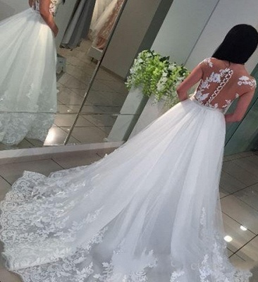 A-Line White Romantic Cap-sleeve Lace Wedding Dresses_3