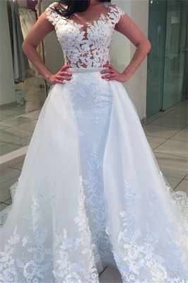 A-Line White Romantic Cap-sleeve Lace Wedding Dresses_2